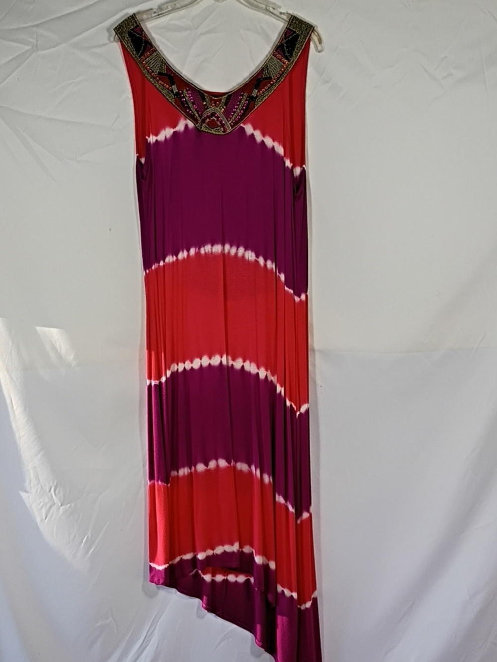 NWT AGB Red & Purple Asymmetrical Tie-Dye Maxi Dress with Beaded Neckline Sz XL